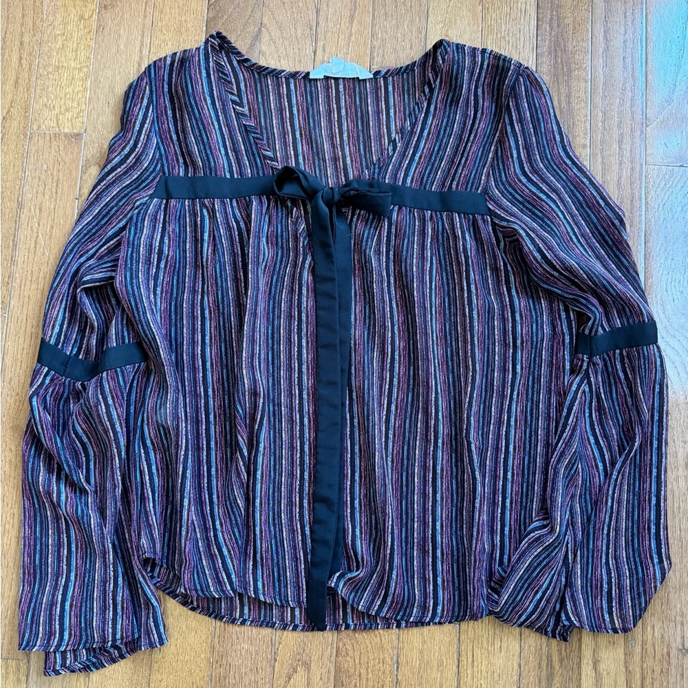 BCBG Striped Tie Front Bell Sleeve Multicolor Blouse